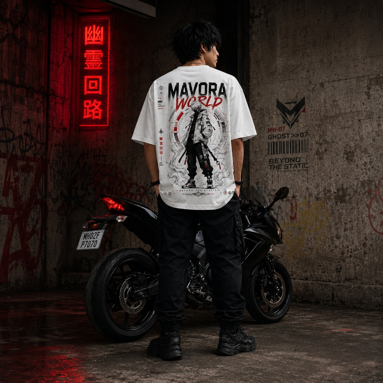 Person wearing a white t-shirt with 'MAVORA WORLD' design standing next to a motorcycle in an urban setting.