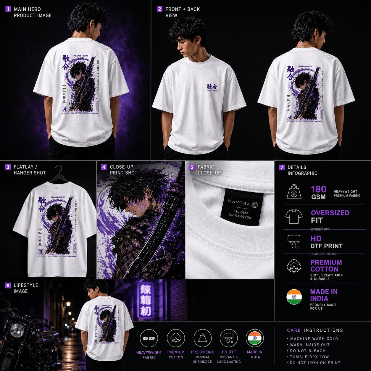 White t-shirt with graphic design on front and back, displayed from multiple angles.