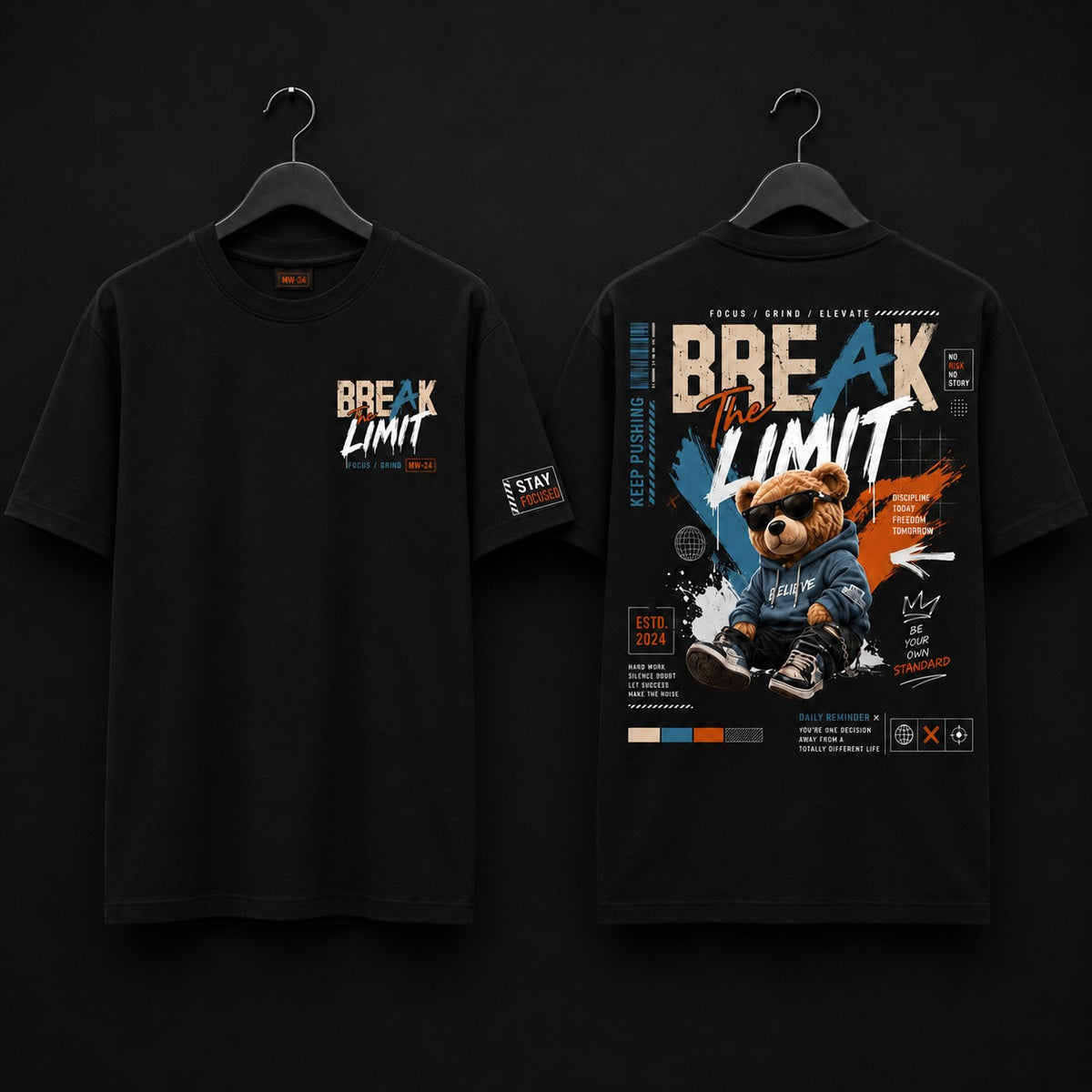 Two black short-sleeve T-shirts hanging on black hangers against a black background, showing the front and back designs. The front has a small multicolor 'BREAK LIMIT' graphic on the left chest and a small sleeve patch.