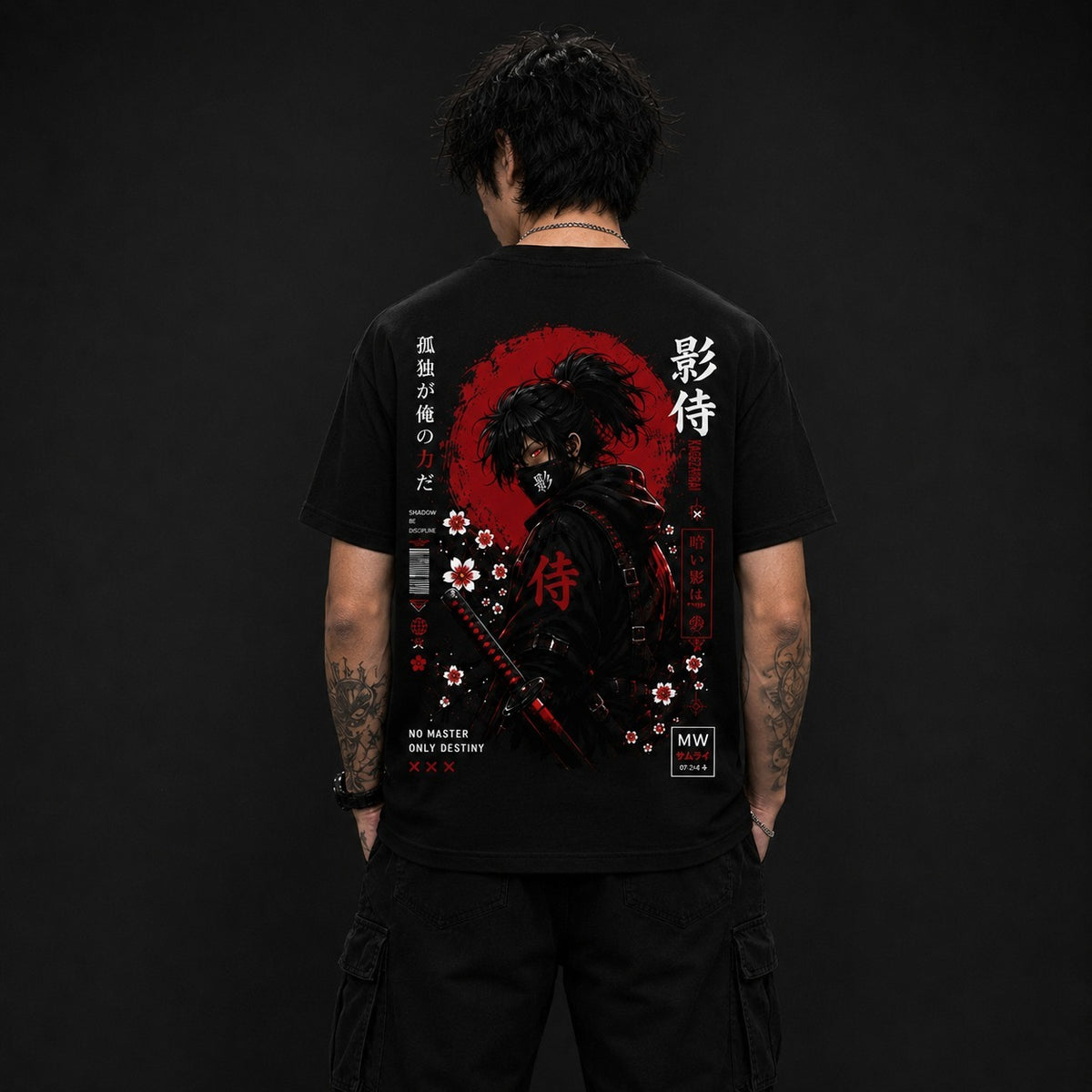 A man viewed from behind wearing a black short-sleeve T-shirt with a large red, black, and white samurai graphic print on the back, paired with black cargo pants against a dark studio background.