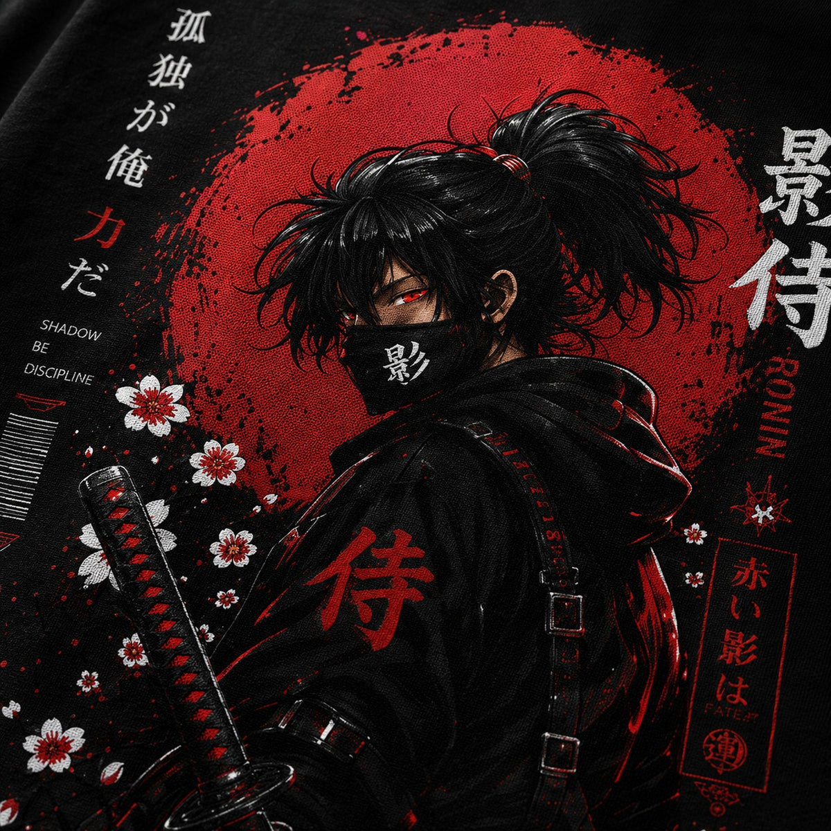 A graphic print featuring an anime-style samurai character with black hair in a ponytail, wearing a black jacket with red kanji and a sword hilt, set against a large red circle on a black background with cherry blossoms and Japanese text.