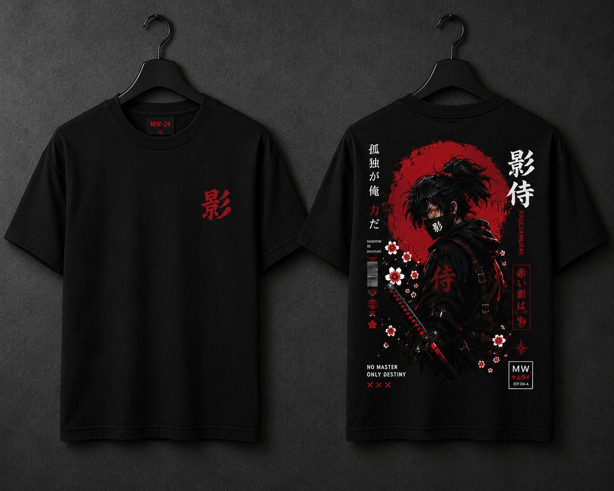 Two black short-sleeve T-shirts hanging on black hangers against a dark gray wall, showing the front and back designs. The front has a small red Japanese character on the left chest.