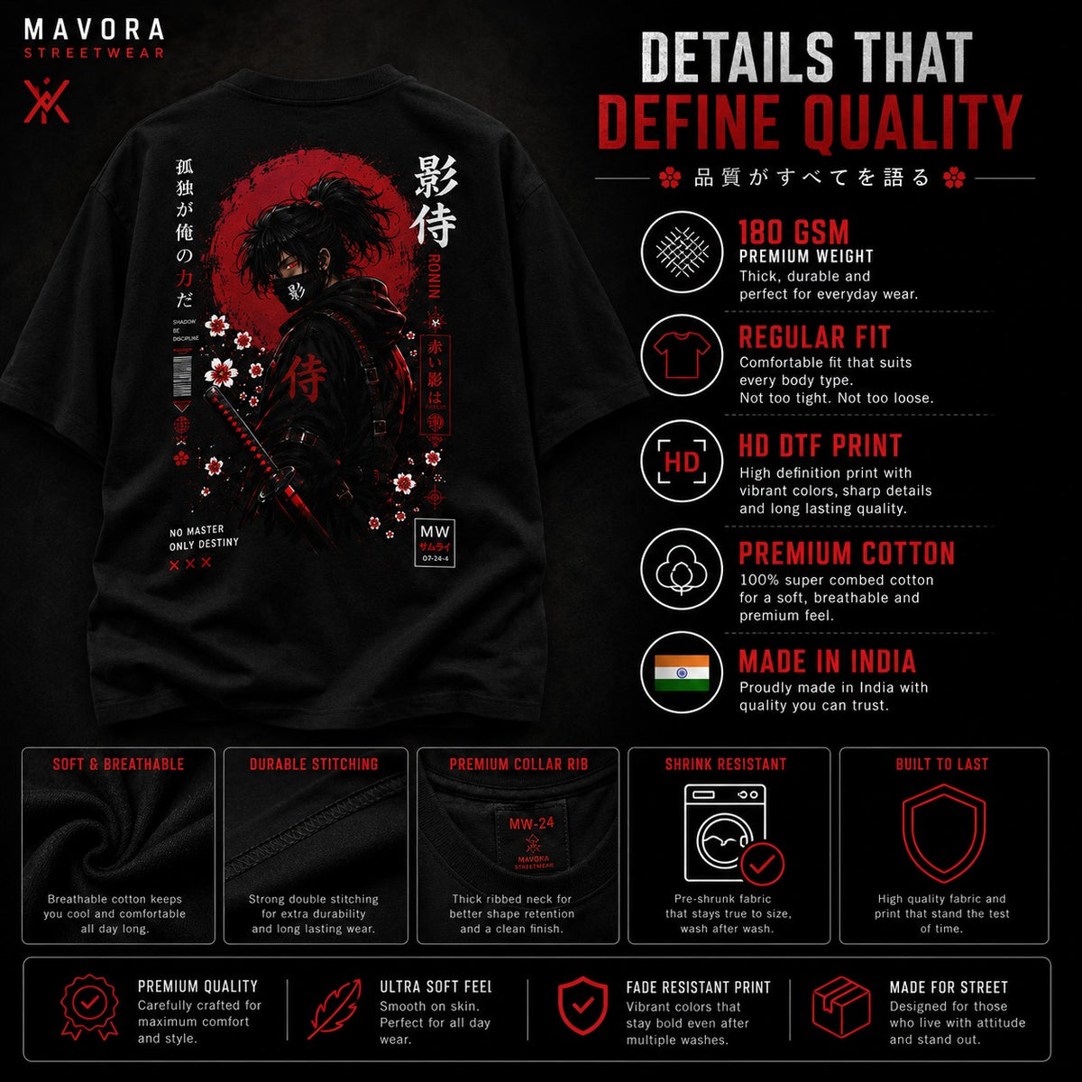 A promotional infographic for a black streetwear t-shirt by Mavora Streetwear, featuring a graphic of a samurai with a red katana against a dark background. The layout includes product details, fabric specifications, and feature callouts in English and Hindi.