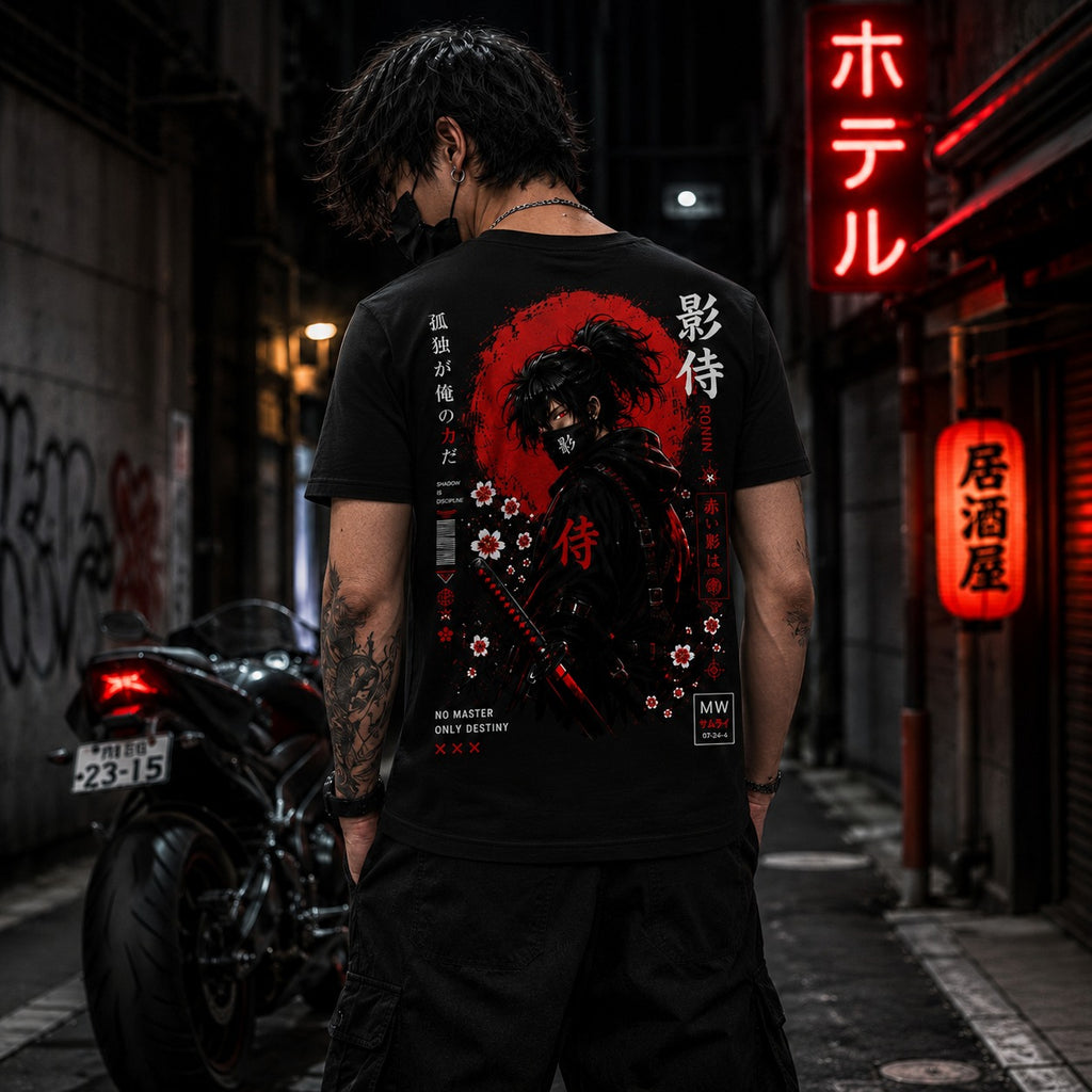 A man stands in a dark urban alley wearing a black graphic T-shirt with a large red and black samurai-style back print, black pants, and a face mask. Neon signs and a motorcycle are visible in the background.