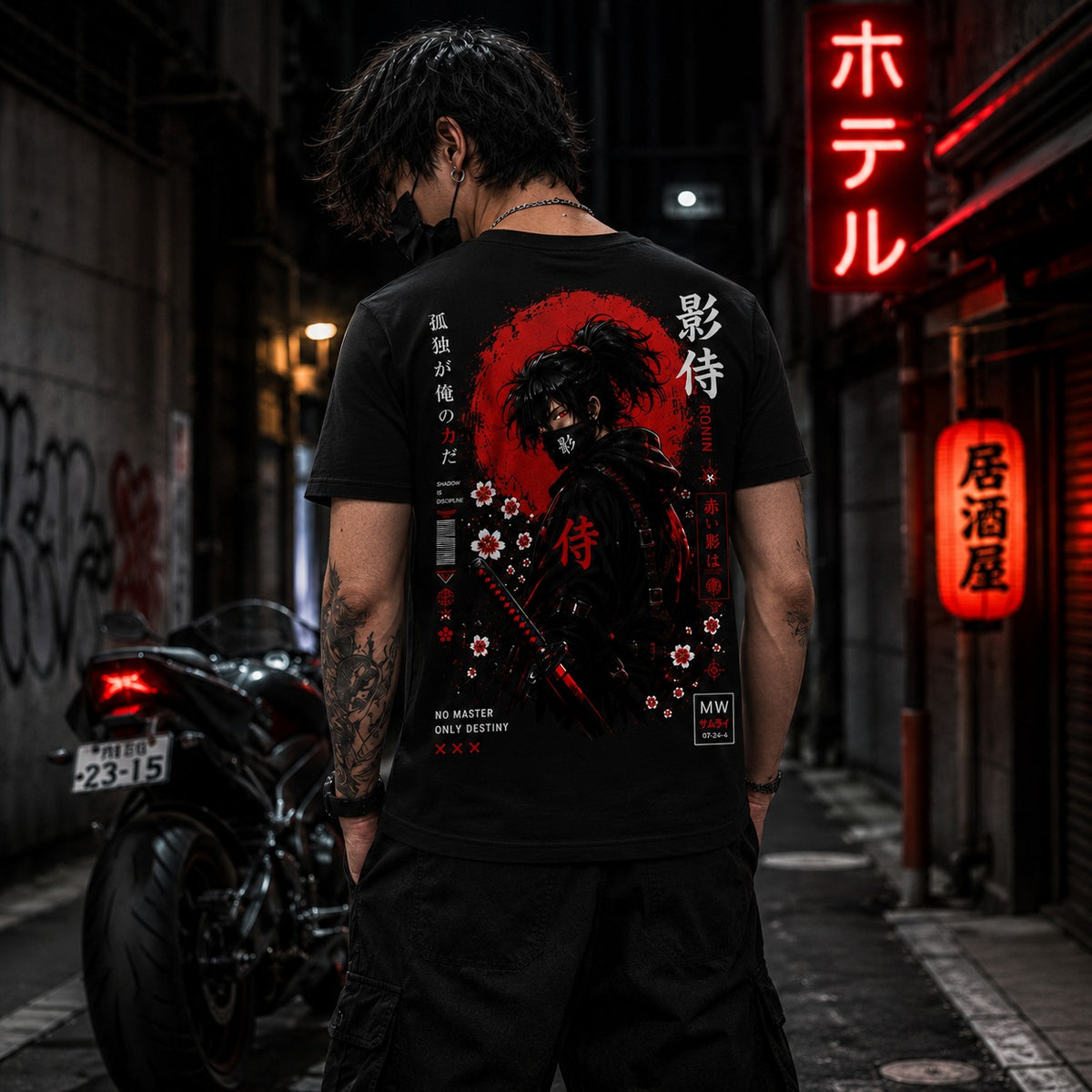 A man stands in a dark urban alley wearing a black graphic T-shirt with a large red and black samurai-style back print, black pants, and a face mask. Neon signs and a motorcycle are visible in the background.