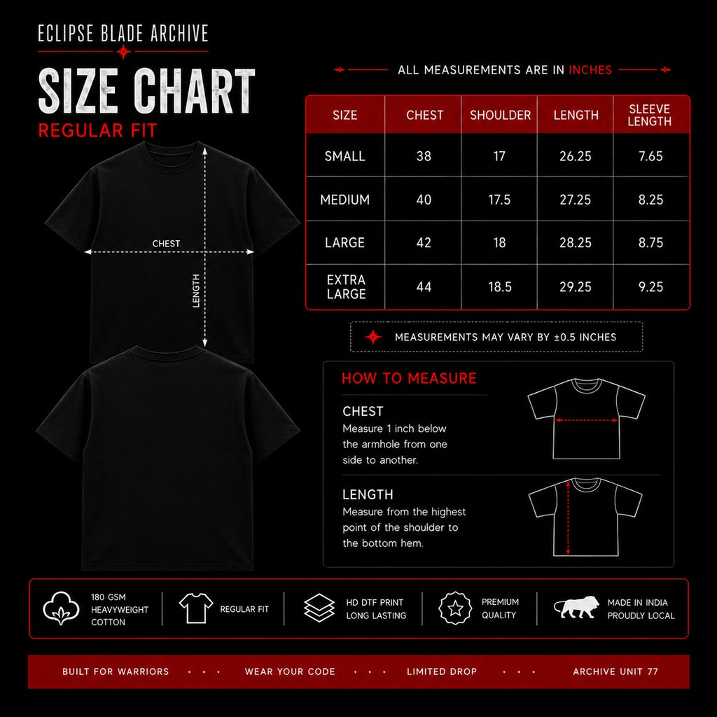 Size chart and measurement guide for Eclipse Blade Archive Regular Fit t-shirts, showing chest, shoulder, and length measurements in a table, with line diagrams indicating how to measure on a shirt.