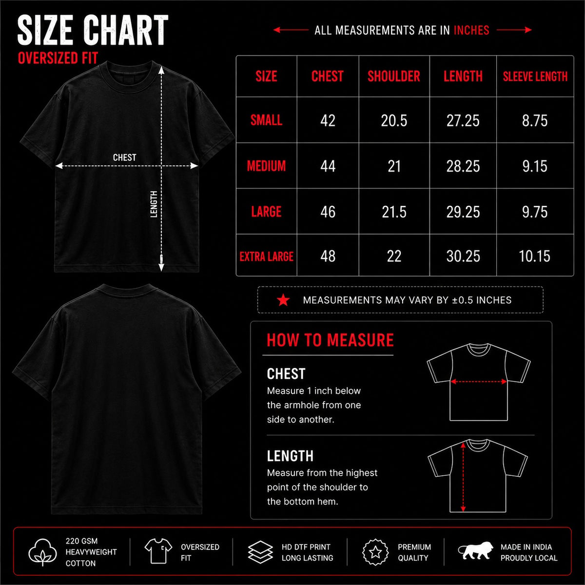Oversized t-shirt size chart for Mavora premium streetwear with chest and length measurements in centimeters.