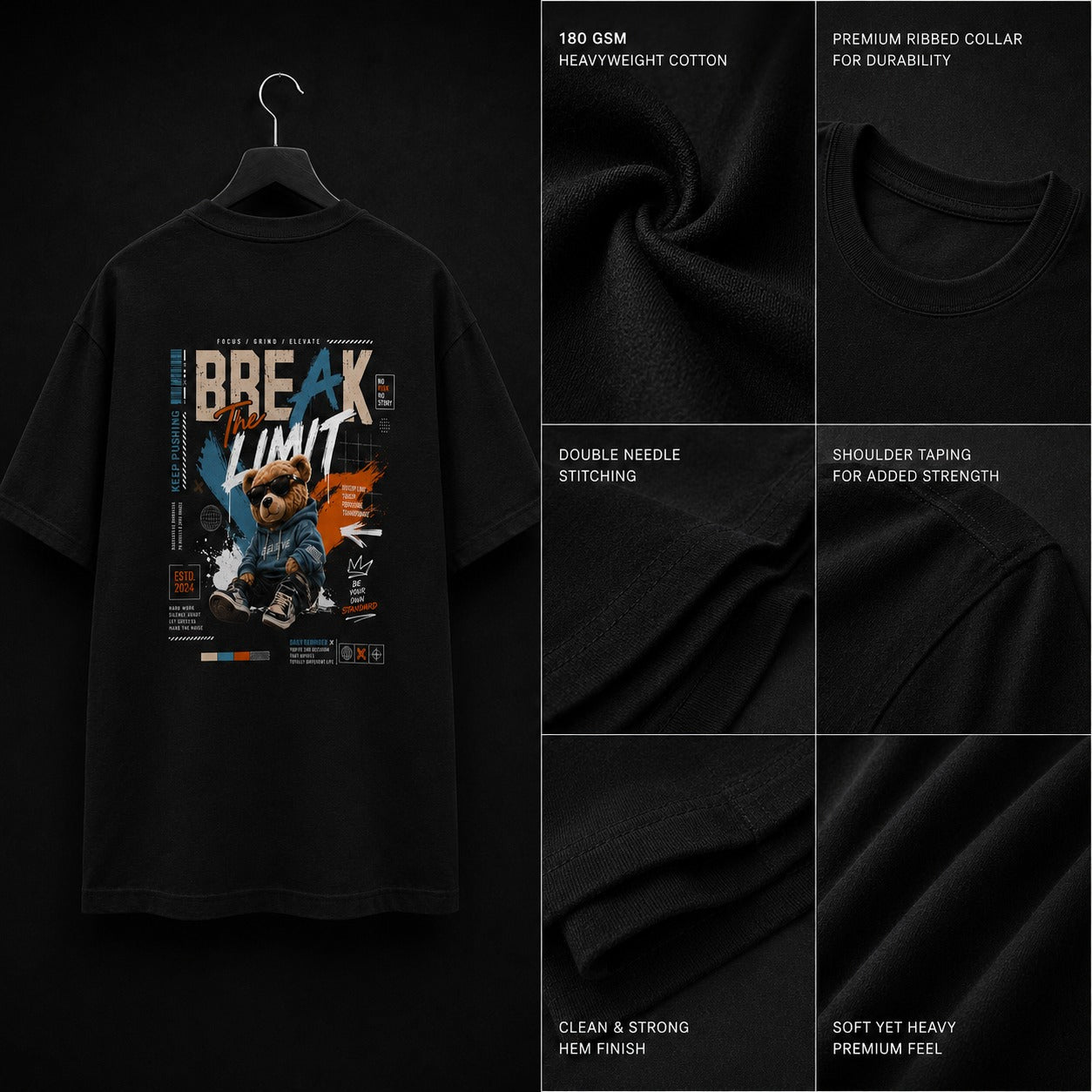 Black t-shirt with graphic design on a hanger, surrounded by fabric texture and feature text.