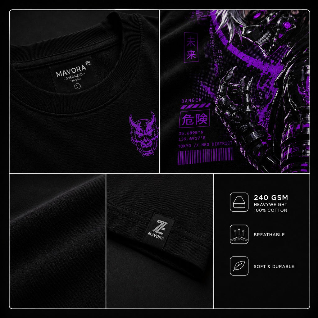 Black t-shirt with purple graphic design and Mavora branding, featuring material details.