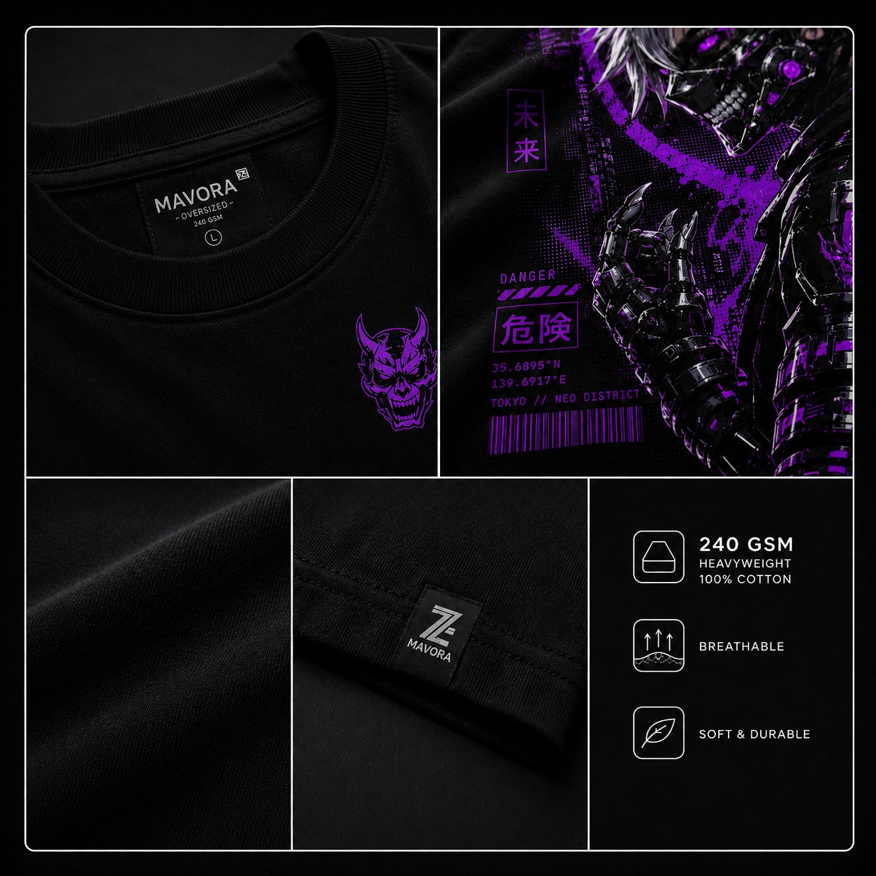 Black t-shirt with purple graphic design and Mavora branding, featuring material details.