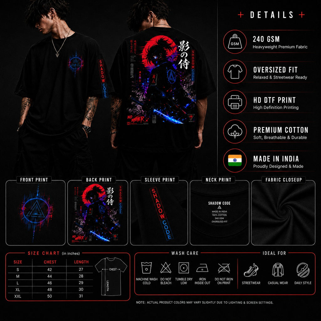 T-shirt with graphic design and text, displayed on a person, with product details on the right.