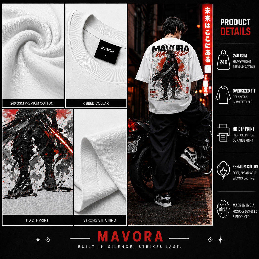 White t-shirt with graphic design, fabric details, and Mavora branding.