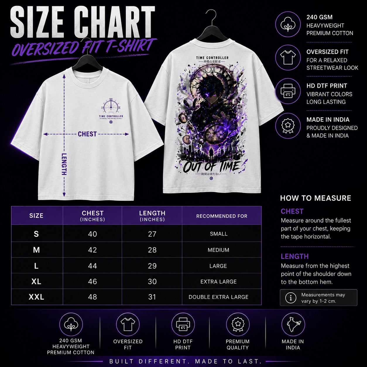 Size chart for oversized fit t-shirts with a graphic design on a black background