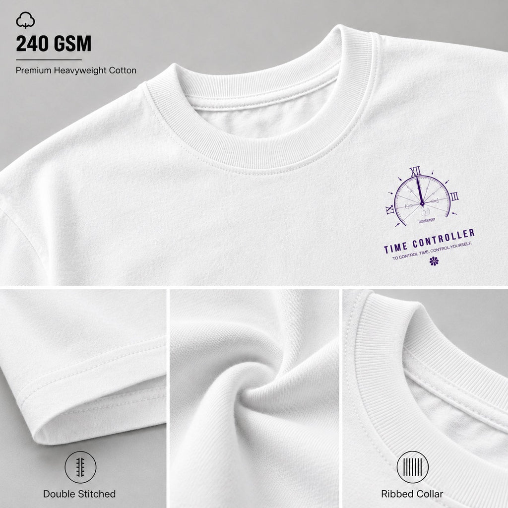 White t-shirt with a purple logo and text, featuring 240 GSM label and fabric details.