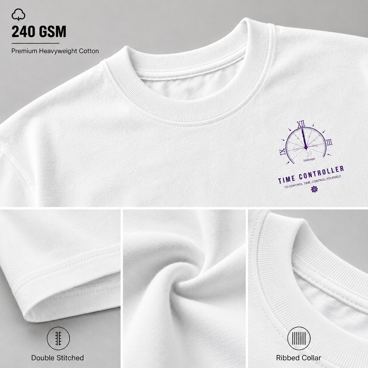 White t-shirt with a purple logo and text, featuring 240 GSM label and fabric details.