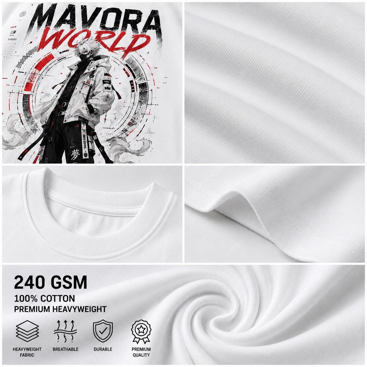 White t-shirt with Mavora World branding, fabric texture, and weight information.