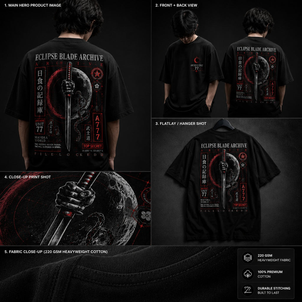 Black t-shirt with 'Eclipse Blade Archive' design on a dark background