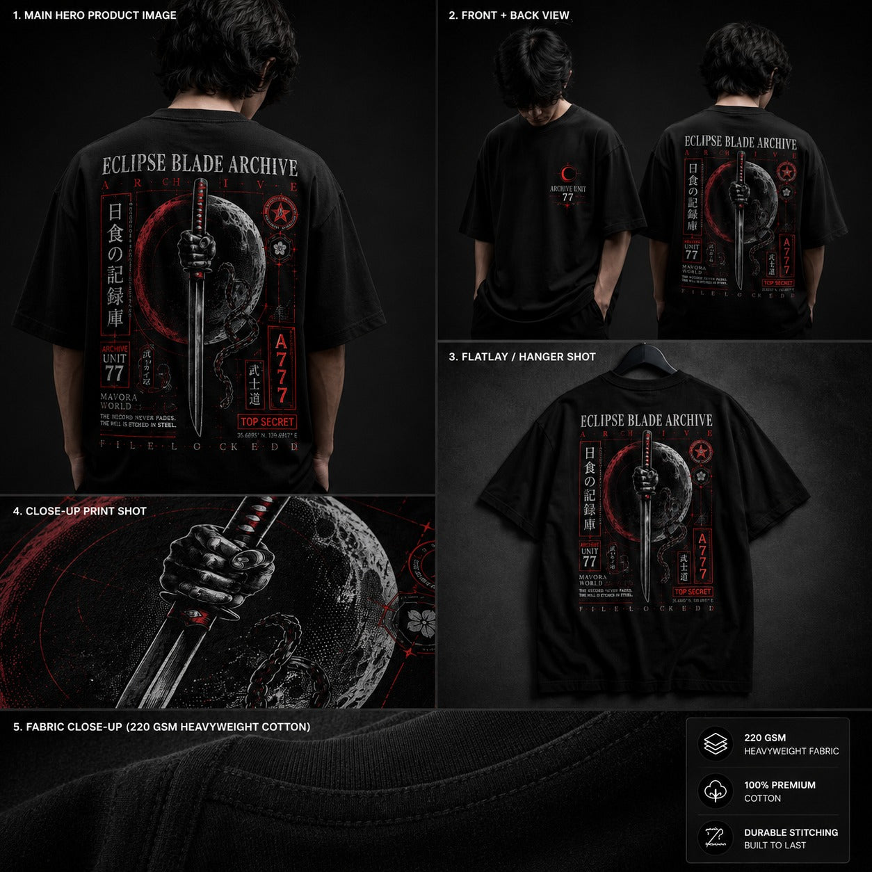 Black t-shirt with 'Eclipse Blade Archive' design on a dark background