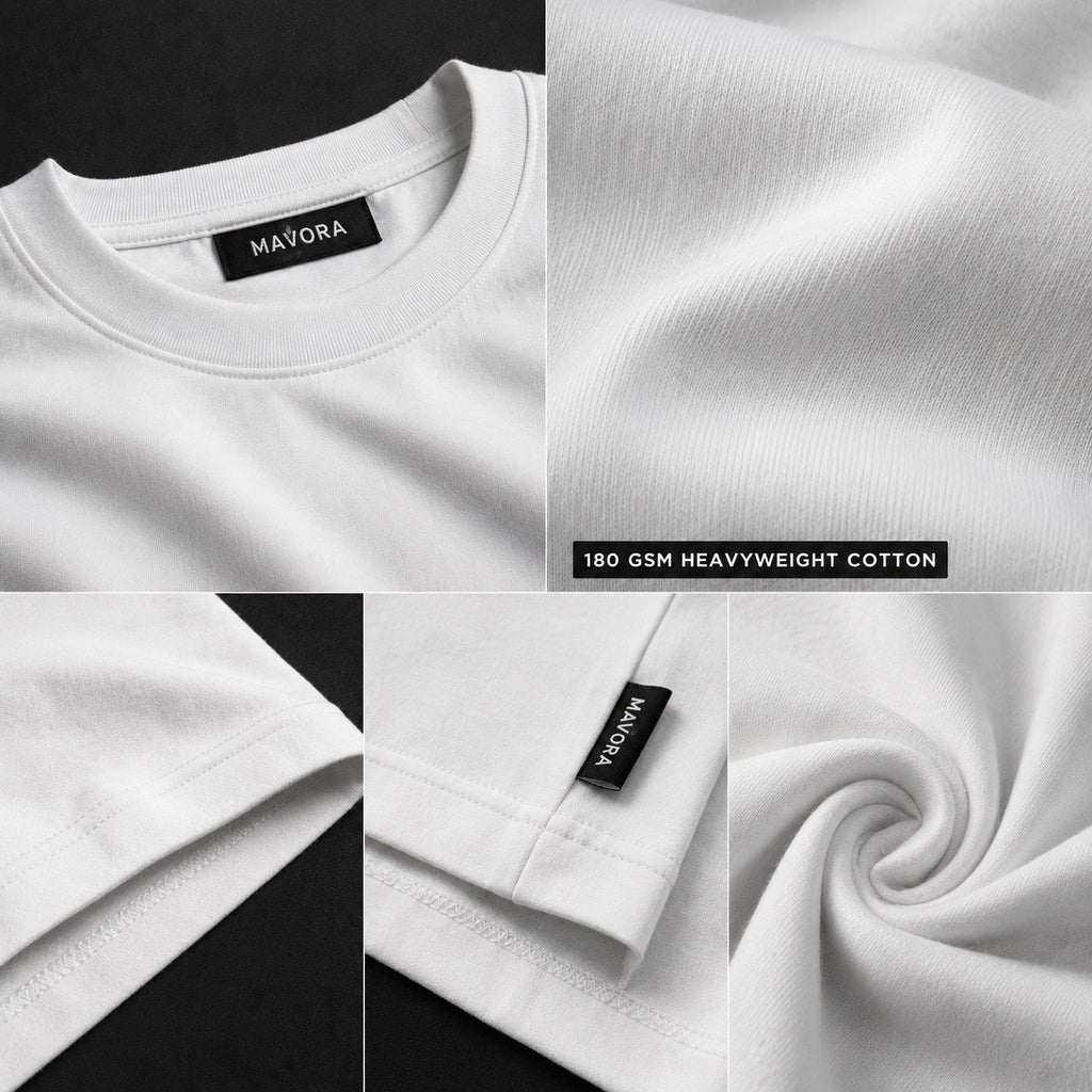 Collage of white t-shirt details with Mavora branding and 180 GSM label.