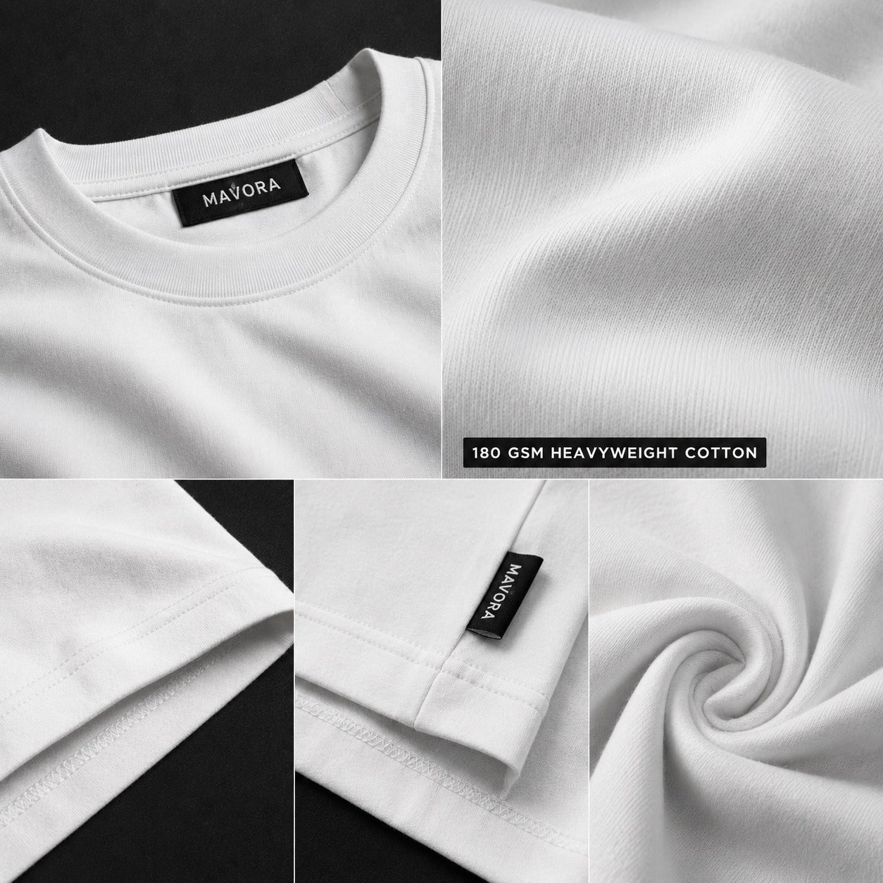 Collage of white t-shirt details with Mavora branding and 180 GSM label.