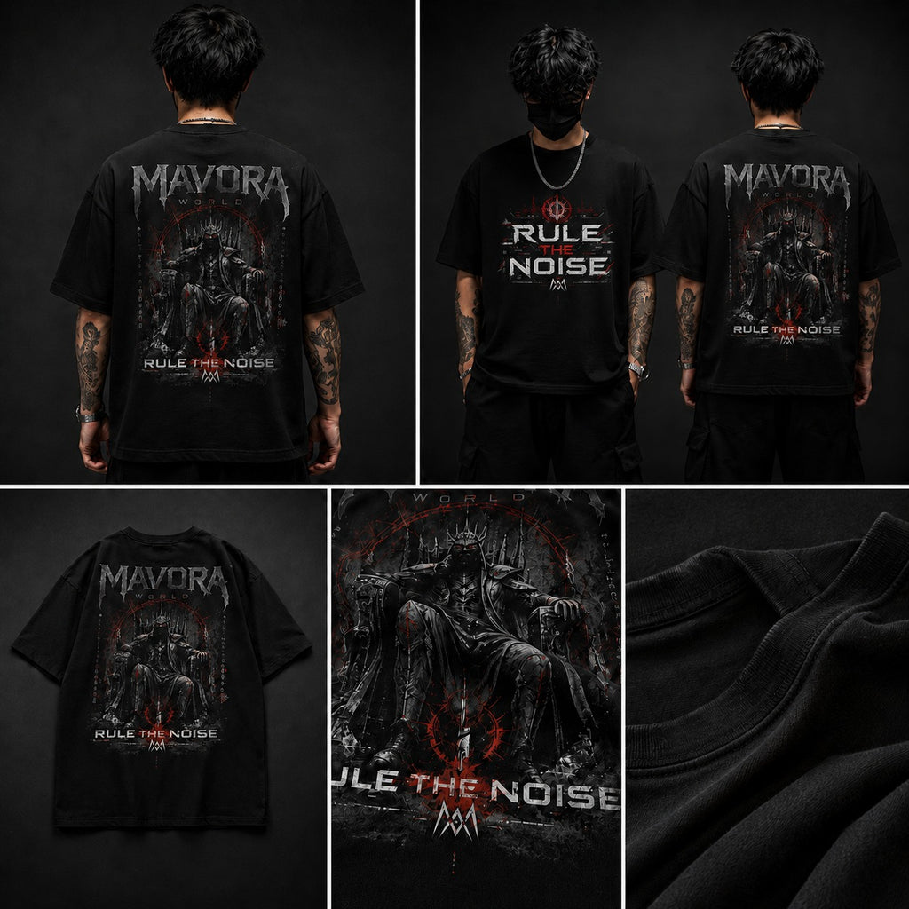 Black t-shirt with graphic design and text, shown from multiple angles on a dark background.