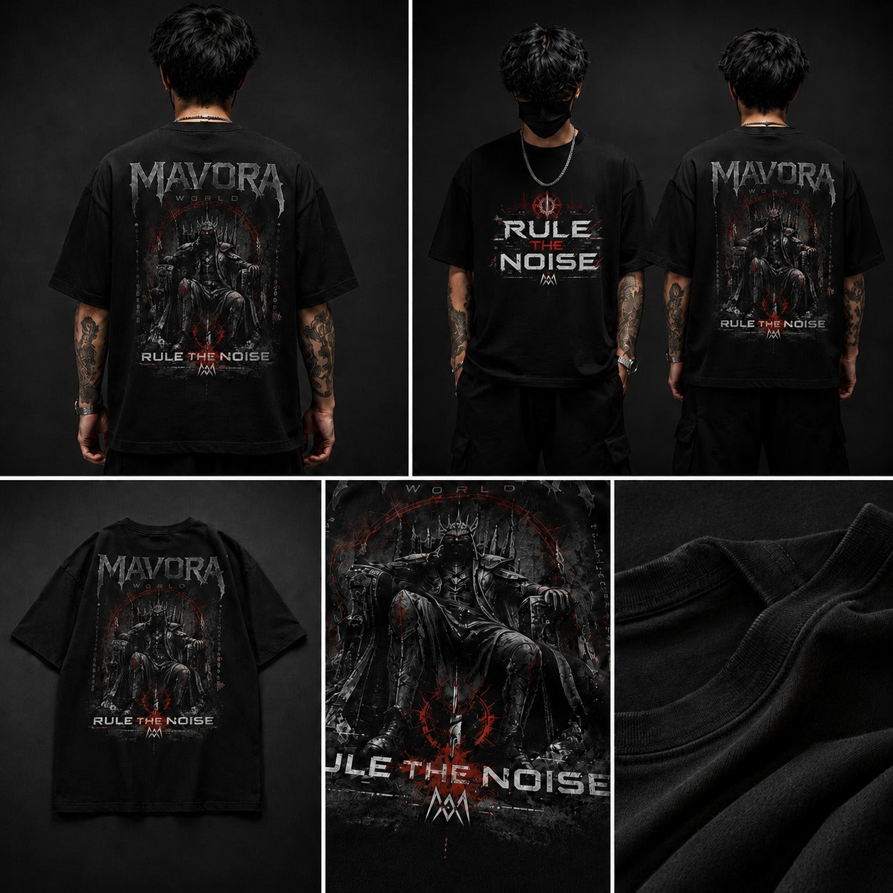 Black t-shirt with graphic design and text, shown from multiple angles on a dark background.