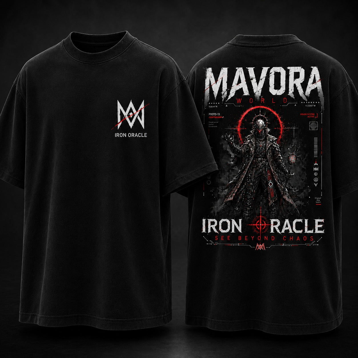 Black t-shirt with 'Iron Oracle' logo on front and 'Mavora World' design on back, against a dark background.