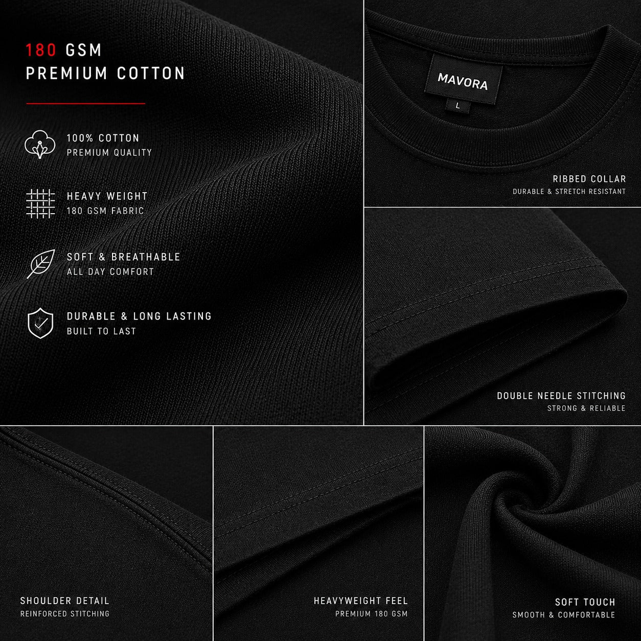 Black t-shirt with Mavora label, showing fabric details and quality attributes.