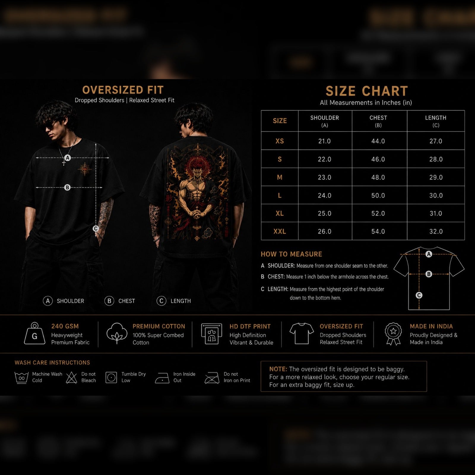 Black t-shirt with graphic design on front and back, size chart, and care instructions displayed.