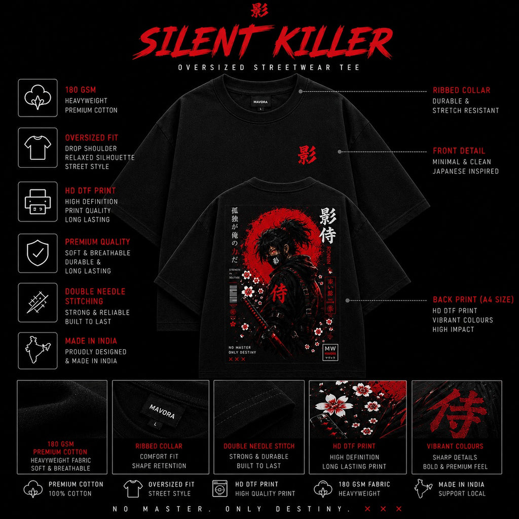 Black t-shirt with red and white graphic design on a black background, featuring text and icons about the product.