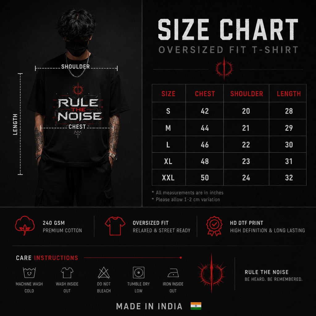 Black t-shirt with 'Rule the Noise' design and size chart on a dark background