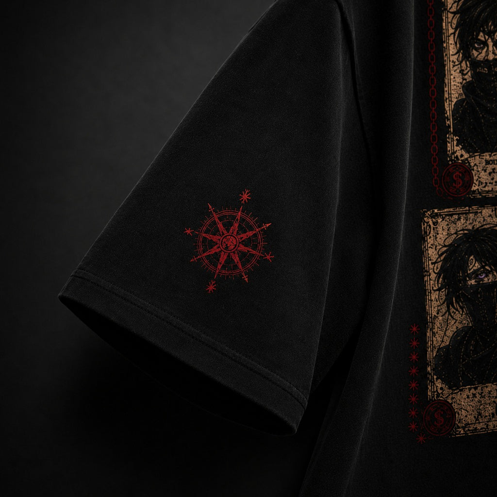 Black t-shirt with red embroidered design on a dark background