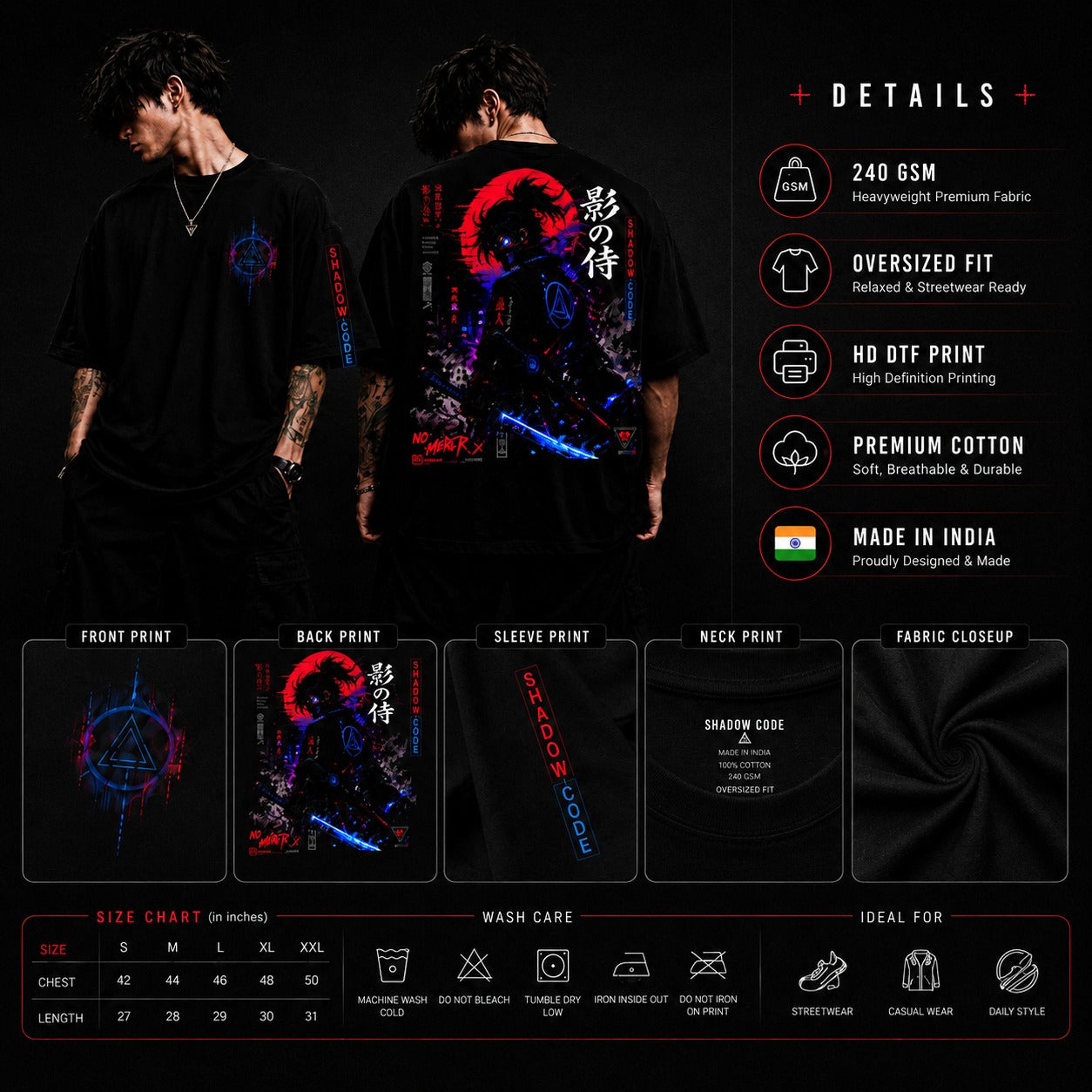 Black t-shirt with front, back, and sleeve prints on a dark background