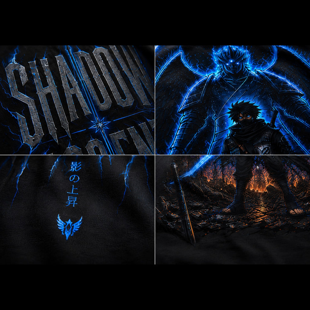 Collage of a dark-themed character with glowing blue accents and text.