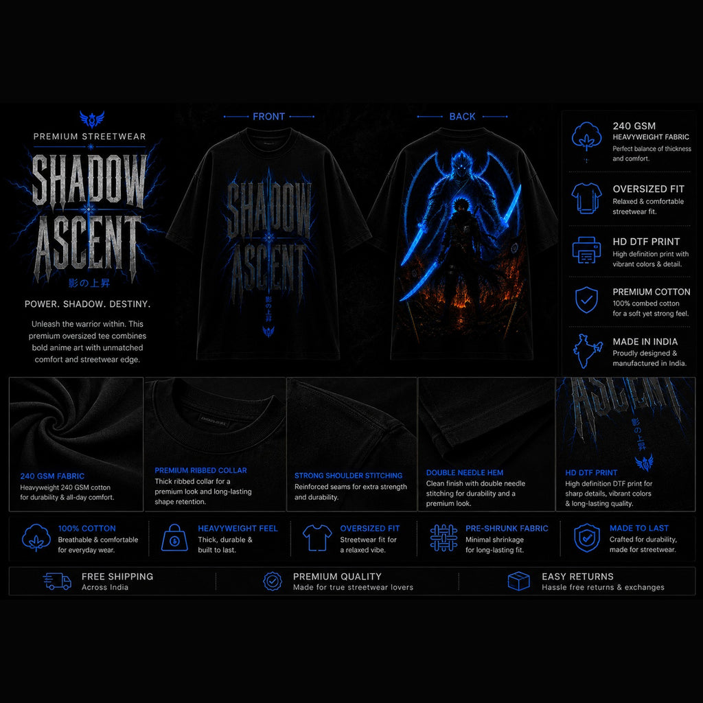 Black t-shirt with 'Shadow Ascent' design on front and back, featuring blue graphics.