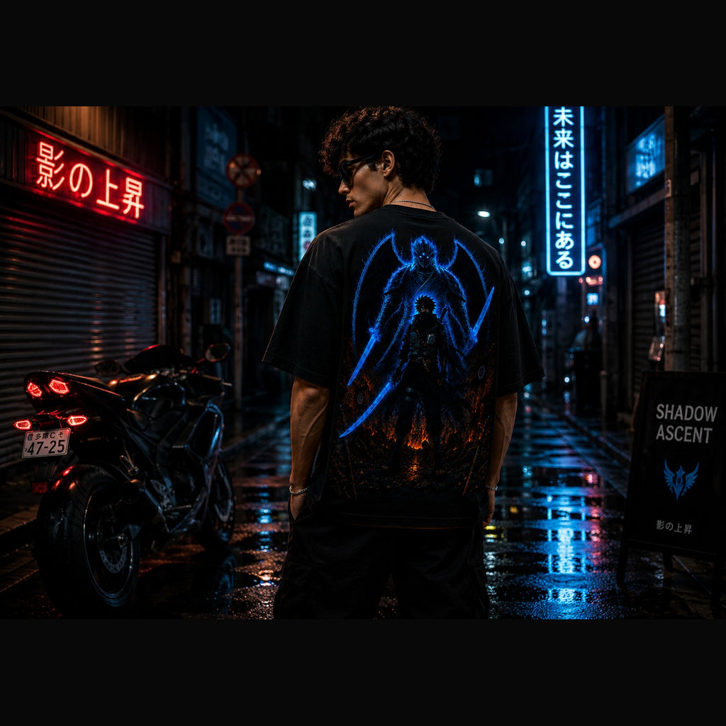 Person wearing a black t-shirt with blue graphic design in a neon-lit street at night.