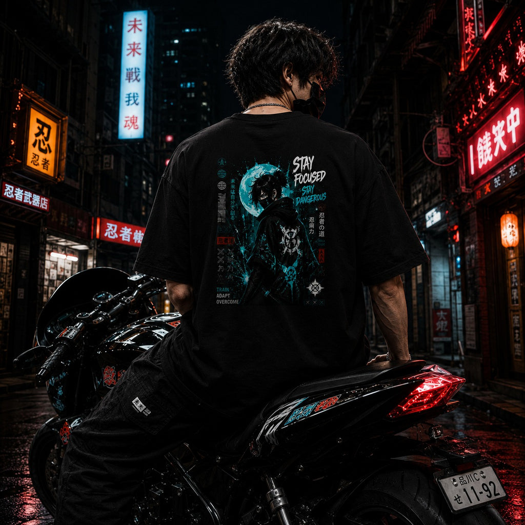 Person sitting on a motorcycle in a neon-lit urban street at night