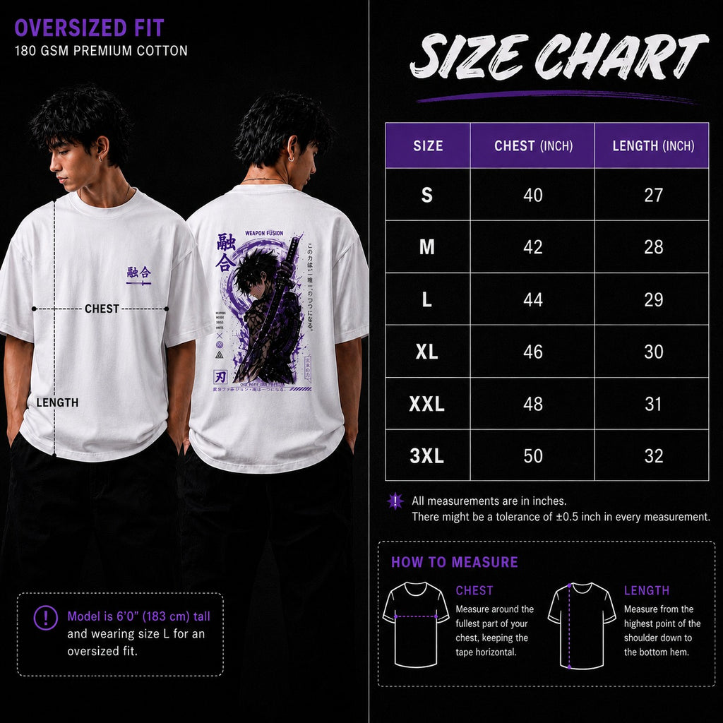 White t-shirt with graphic design on front and back, size chart on the right