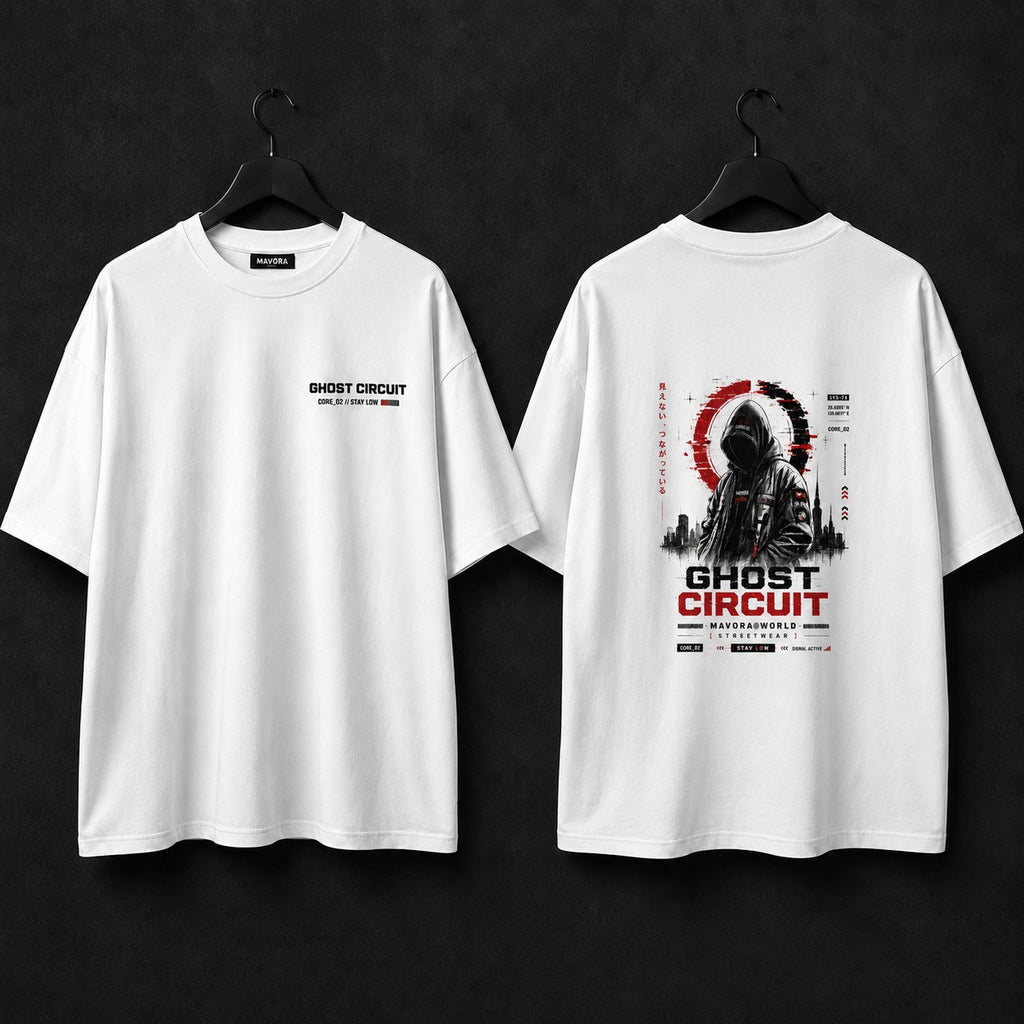White t-shirt with 'Ghost Circuit' graphic design on a black background