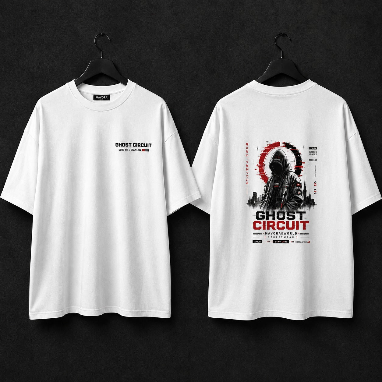 White t-shirt with 'Ghost Circuit' graphic design on a black background