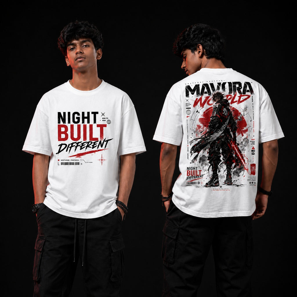 Person wearing a white t-shirt with text and graphics on a black background
