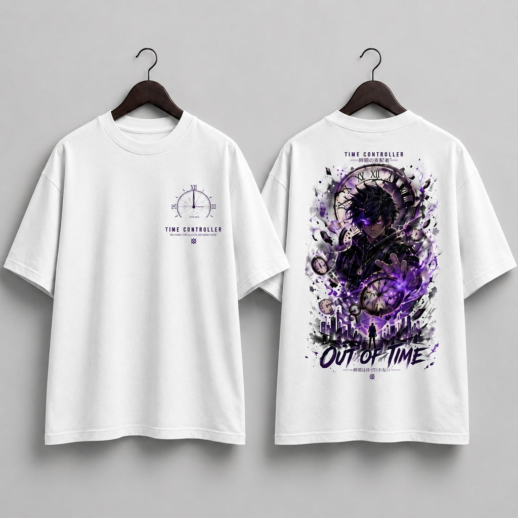 Two white t-shirts with artistic designs on a gray background