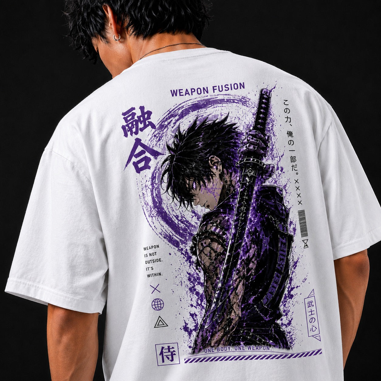 Person wearing a white t-shirt with a graphic design and text on the back